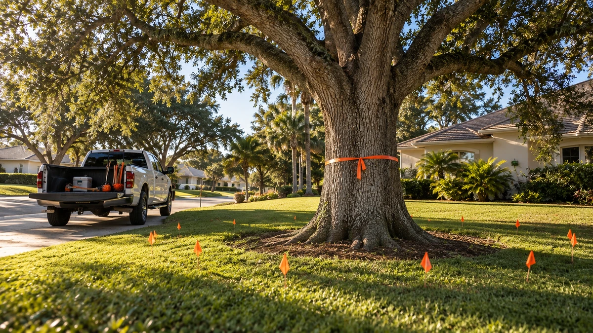 A home in Lakeland with a mature tree trimmed clear of the roof